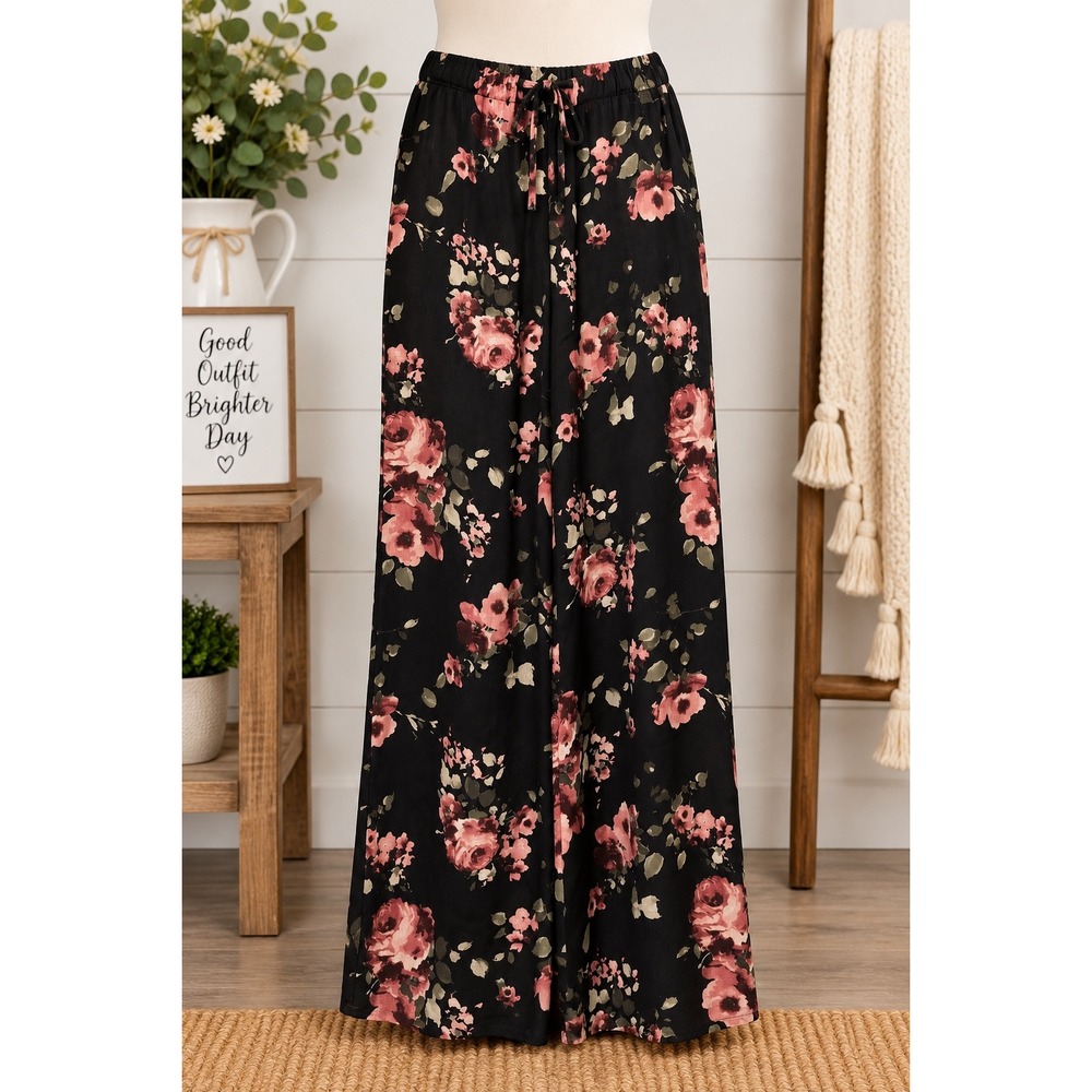Oddi Women Black Pink Floral Wide Leg Pants High Waist Relaxed Trousers Large